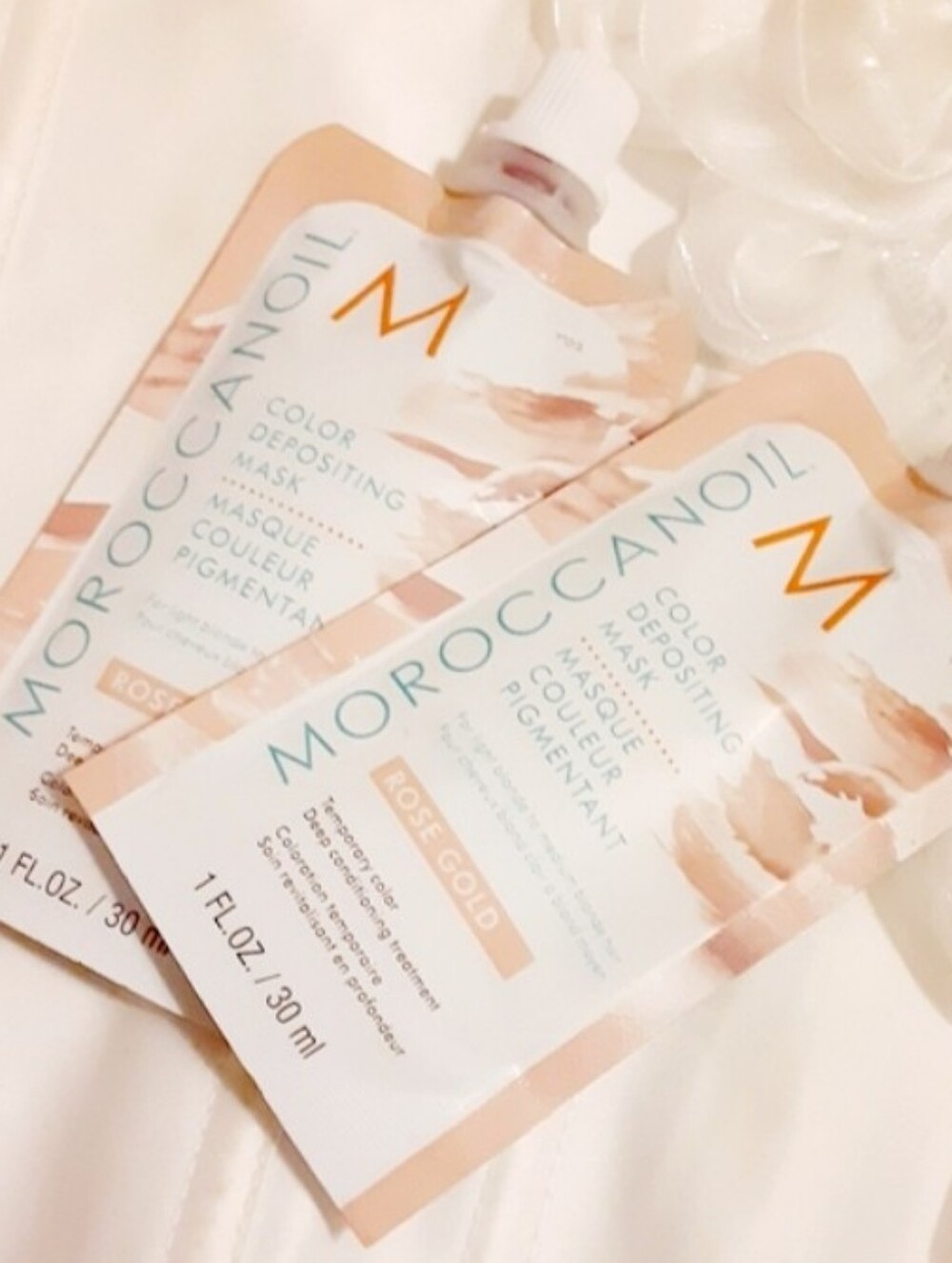 Two Moroccanoil Rose Gold Color Depositing Mask Packets